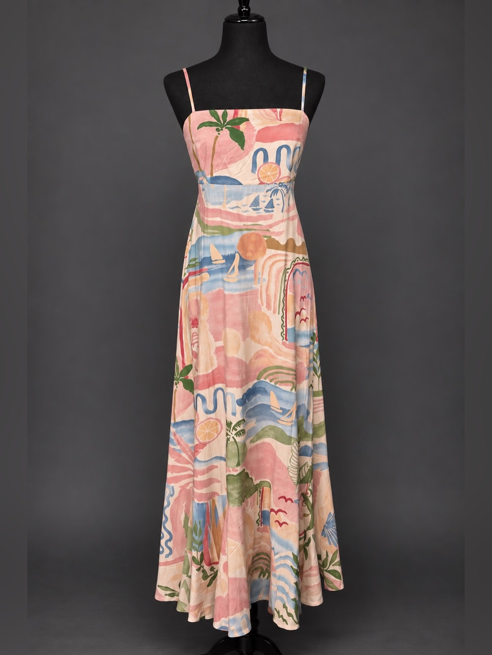 Paper Heart tie back pastel print maxi dress, spaghetti straps, bottom ruffle M